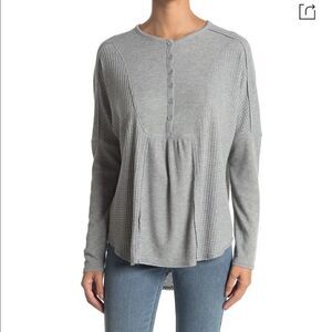 Gibsonlook Grey Mixed Rib Waffle Henley Knit Top